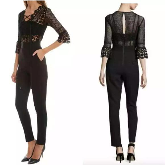Self-Portrait Eliza Guipure 3/4 Sleeve Tapered Boho Lace Jumpsuit Black Size 4 - Picture 1 of 9